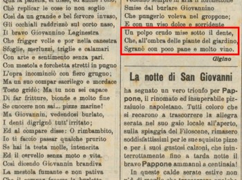 Figura 5 – Il polpo crudo in una poesia dal titolo “Pesce fritto e… baccalà!”. Fonte: “Il nuovo corriere: settimanale pupazzettato” (1925, A. 1, giu., 28, fasc. 22).