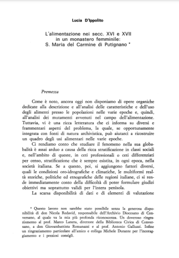 L’alimentazione nei secc. XVI e XVII in un monastero femminile: S. Maria del Carmine di Putignano